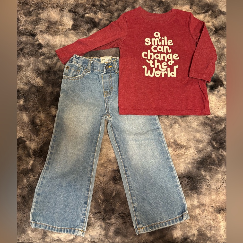 "Smile" Maroon long-sleeved t-shirt and adjustable jeans size 3T